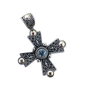 Suarti Bali Sterling Silver 18k & Blue Topaz Ornate Cross Pendant